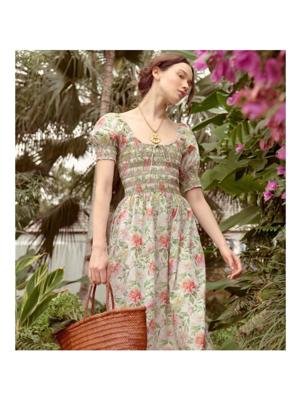 Hill House Madeline nap dress Floral Puff-Sleeve Midi Dress Light Green and Pink
